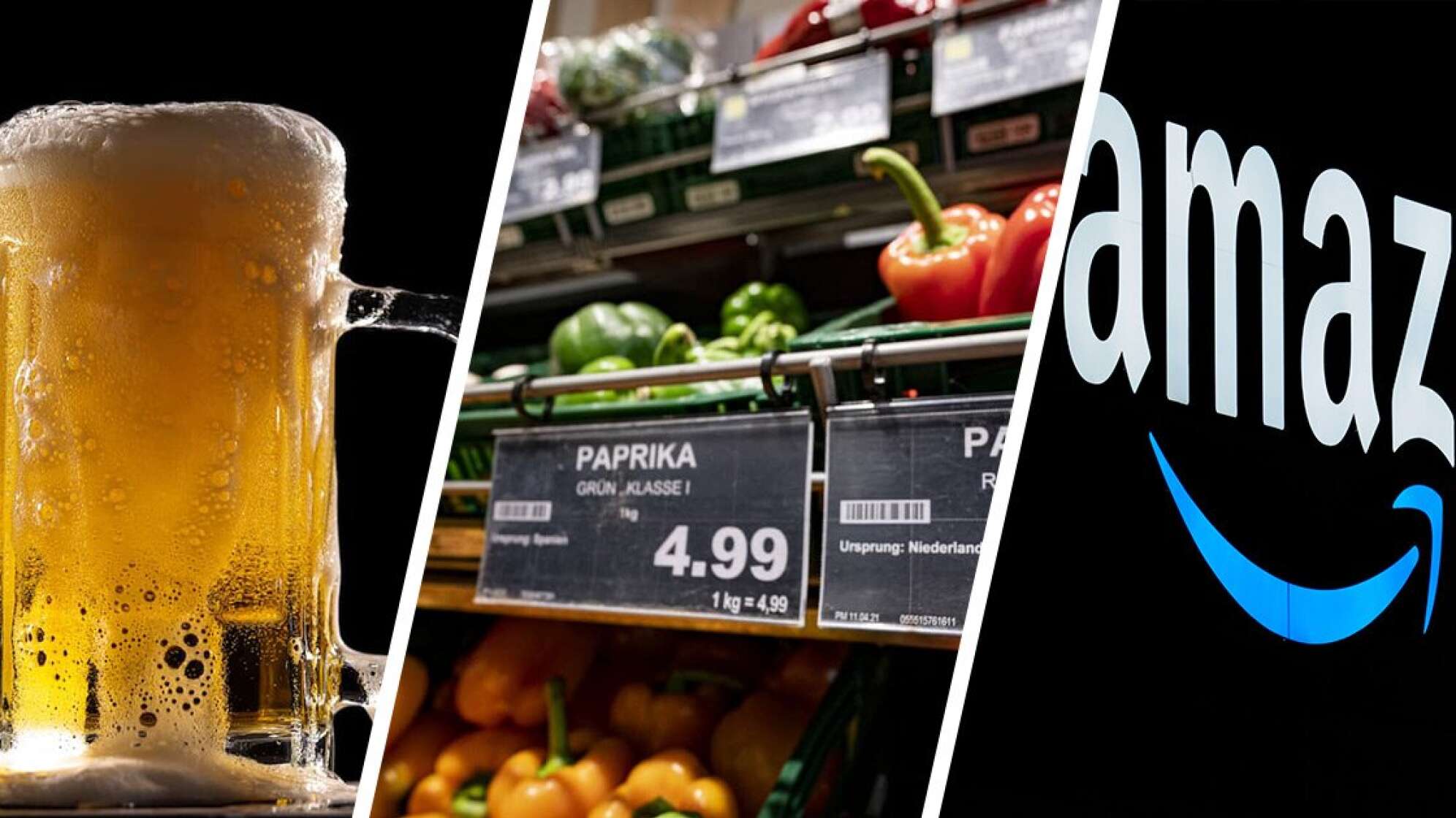 Bier, Gemüse im Supermarkt, Amazon-Logo